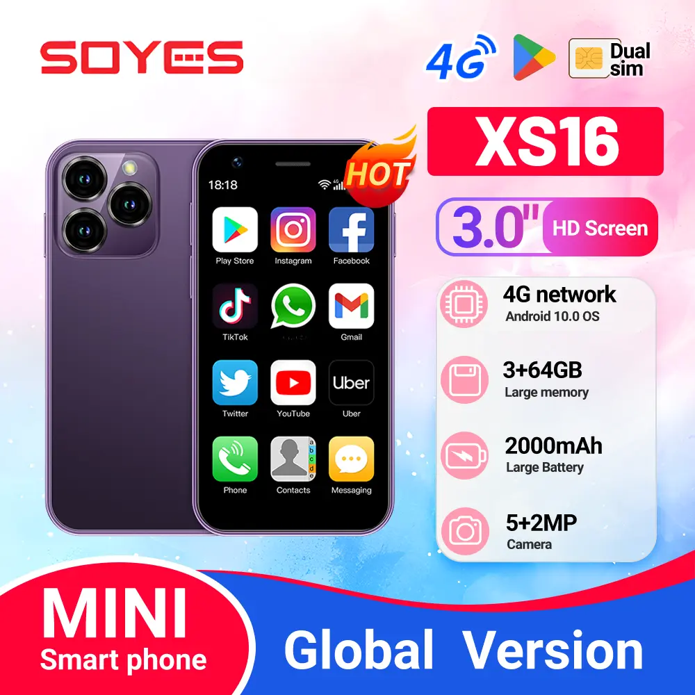 Soyes xs16 mini 4G LTE android10.0 smartphone 3GB RAM 64GB ROM 3 "display 5MP camera dual SIM with play store WhatsApp