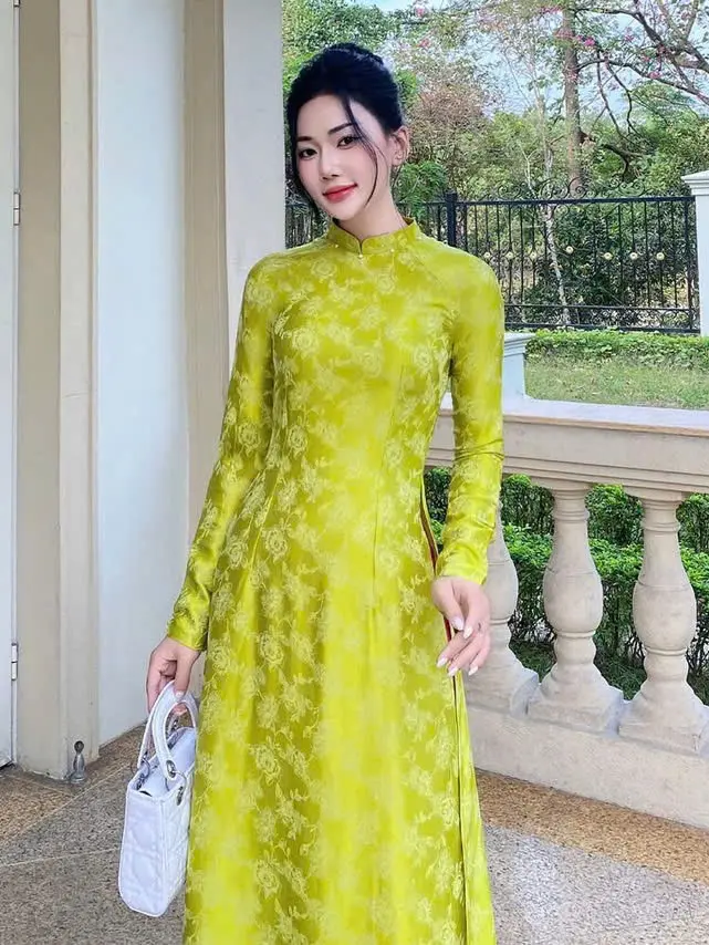 ÁO DÀI 2025, Áo Dài Thanh Yên Truyền Thống, cổ điểm hạt trai tinh tế, 2 Tà mềm đẹp thanh lịch