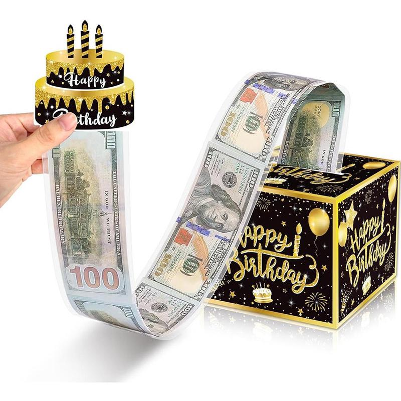 Product Introduction of Happy Birthday Money Box For Cash Gift Pull, Black And Golden DIY Birthday Money Gift, Surprise T7X3 34