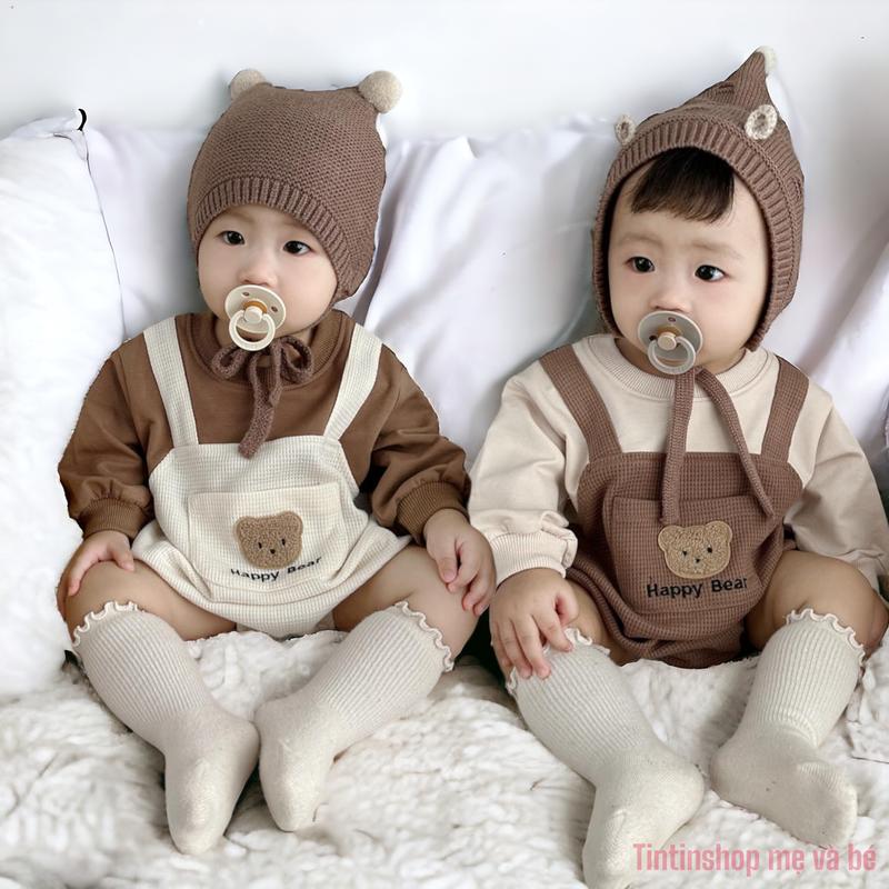 Body chip dài tay (không mũ, tất) vải cotton dày dặn Bodysuit cho bé trai  gái sơ sinh Áo liền quần Túi logo đầu Gấu SLT145