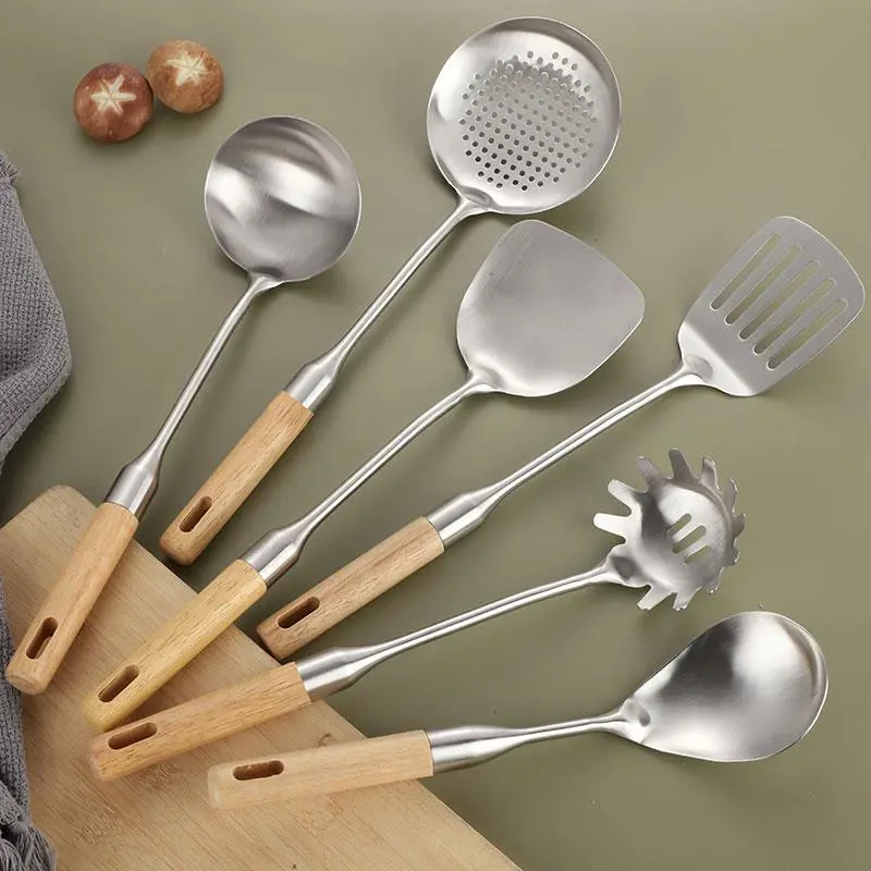 Stainless Steel Cooking Utensil Set with Wooden Handle, 6 Counts/set Including Ladle & Spatula & Large Skimmer & Rice Spoon & Pasta Fork & Slotted Spatula, Kitchen Utensils Set for Home Dining Room 2