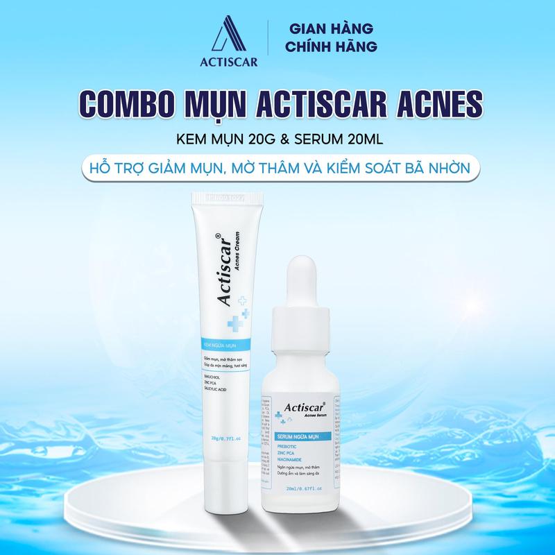 ACTISCAR ACNES Bộ đôi cho da dầu mụn - Hỗ trợ cải thiện mụn, kiểm soát dầu thừa, làm dịu da và mờ thâm, skincare cho da dầu mụn (Serum 20ml và Kem 20g)