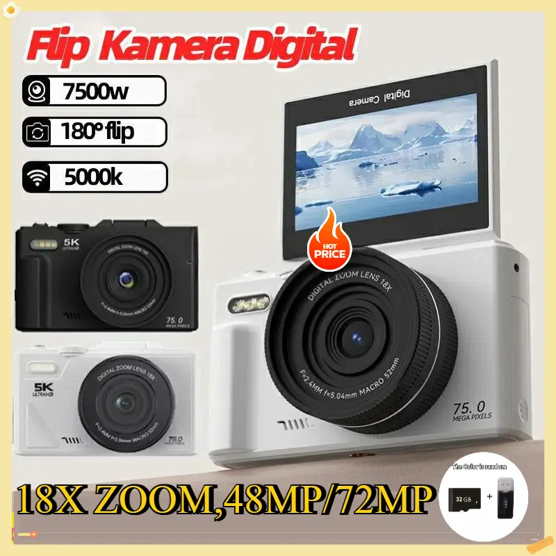 18X Zoom Kamera Digital Kamera Digital 48/72MP 8/X Kamera Digicam Layar Balik 180° LCD 2,4 Inci 4/5K Vlog Anti Goyang Filter Kamera Pocket