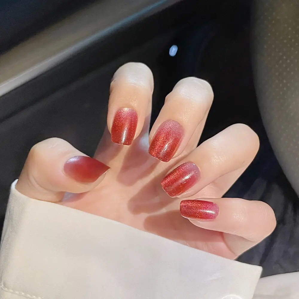 Detachable Cat's Eye French Fake Nails Valentine's Day Square Shape Press on Nails Wearable Manicure Full Cover Nail Tips Women