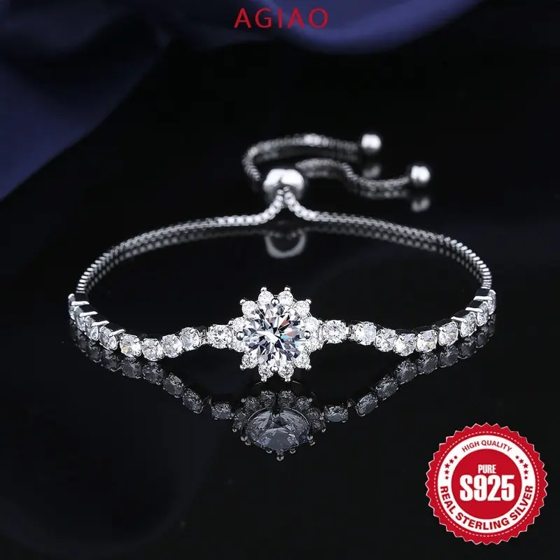 AGIAO S925 Perak Ringan Mewah Bunga Matahari Gelang Perhiasan Berlian Dua Karat Wanita Pull-up