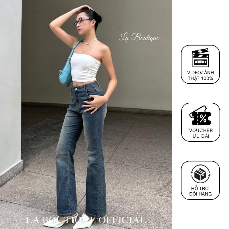 LA BOUTIQUE - Quần jeans cạp cao form suông loe nhẹ năng động cá tính Nữ Ống Loe