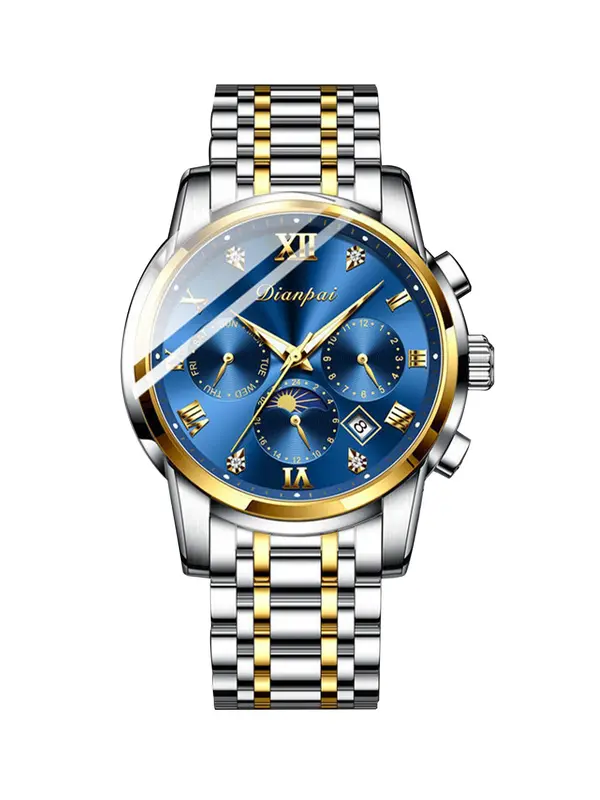 Men's Business Rhinestones Decorated Round Dial Calendar Mechanical Watch,  Waterproof Fashion Trendy Wristwatch, with Box 7