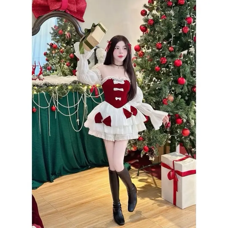 ￼(HOẢ TỐC) Set Áo Trễ Vai tay phồng  Kim TuyếnPhối Nơ Chân Váy Xoè Set Váy Mặc Noel Tết Nữ Women Dress Tre Voi Sen Voan vaydodonnoel vaytet vaytiec Đỏ 1