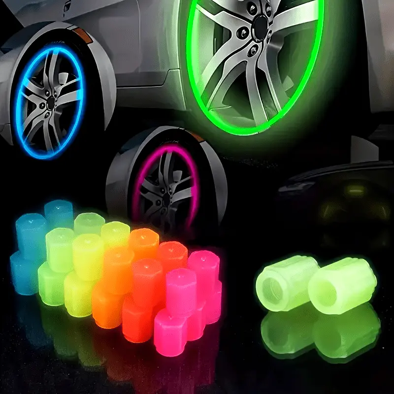 Fluorescent Tire Valve Caps Set of 4, Universal Glow-in-the-Dark PVC Car Valve Caps, Waterproof Glow-in-the-Dark Car Tire Valve Caps Set of 4, Universal Fluorescent Bicycle Valve Caps - Pink Green Blue Red Yellow Orange