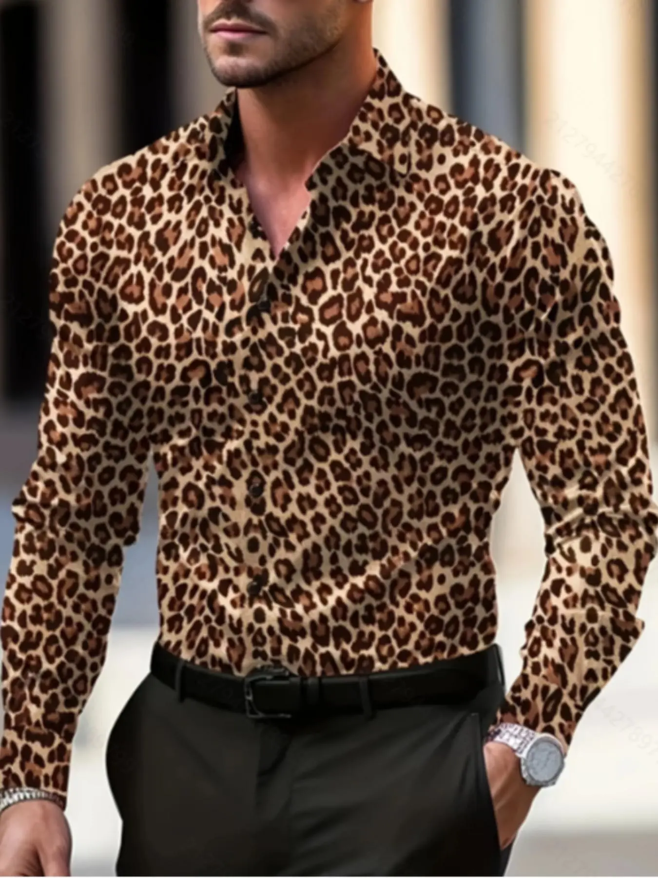 Men's Leopard Print Long Sleeve Shirt, Casual Regular Fit Button Up Top for All Seasons, Fashion Men's Clothes for Daily Wear