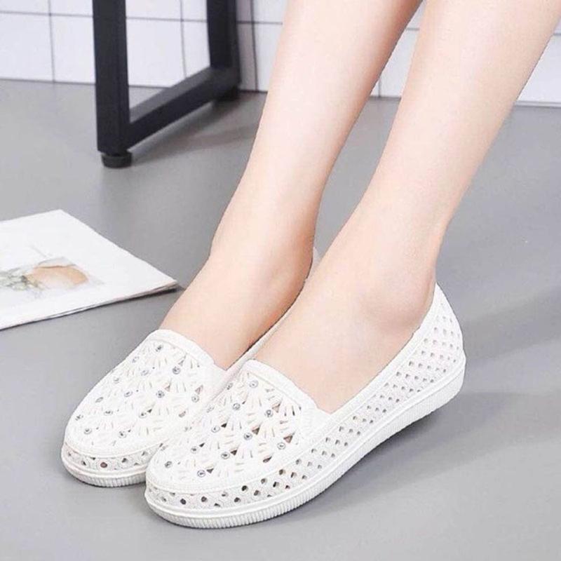 Giày Đi Mưa Nữ Đính Hột Họa Tiết Đan Ô Kiểu Dáng Trẻ Trung, Giày Búp Bê Nhựa Đi Biển Mềm Nhẹ Êm Chân Chống Trơn Trượt.