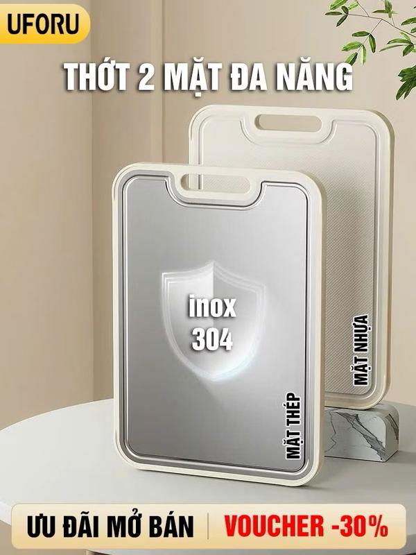  Thớt kháng khuẩn 2 mặt inox 304 cao cấp bản dày 2cm mặt nhựa lúa mạch kháng khuẩn an toàn đảm bảo sức khỏe - UF714 