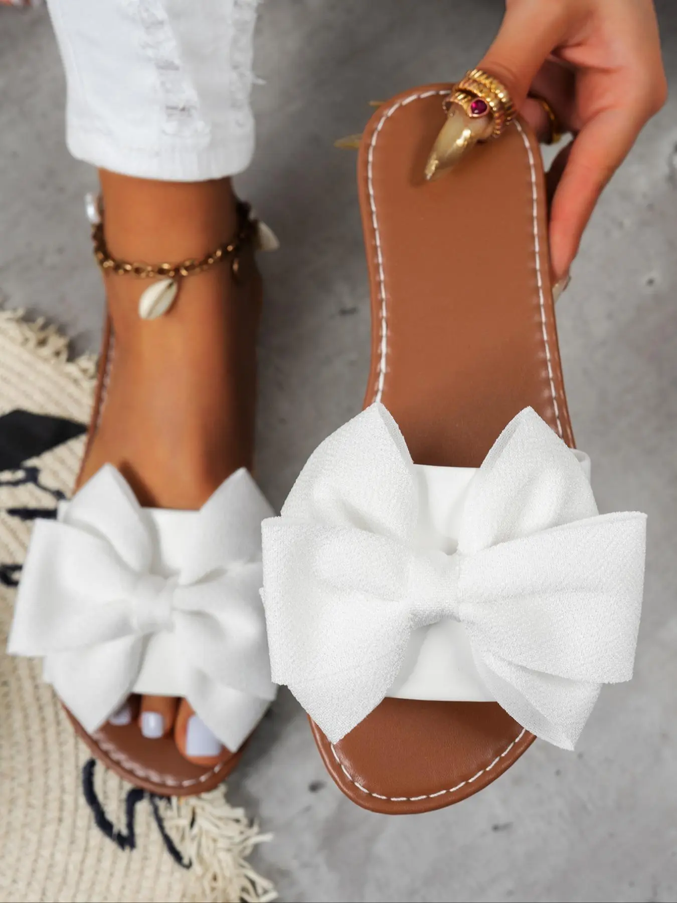 Women's Fashionable Bowknot Design Flat Sandals, Casual Comfortable Sandals for Summer, Female All-match Round Toe Breathable Shoes for Daily Wear, Girl
