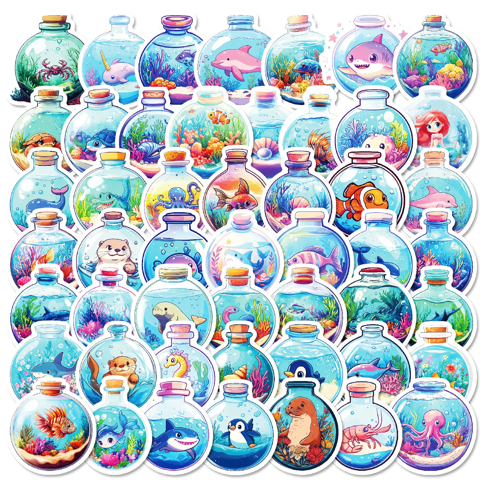 50 creative glass bottle marine animal stickers cartoon underwater world stickers
