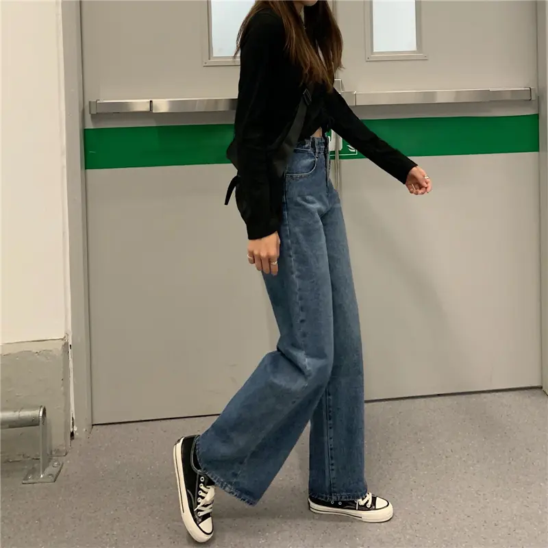 Korean style biru laut vintage loose straight high waist celana jeans wanita(gambar fisik)--8093 8