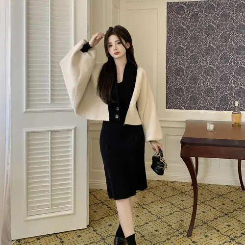 Set áo khoác lông cardigan 2 món váy ba lỗ len tăm ôm dáng Mai Chi Store MC267