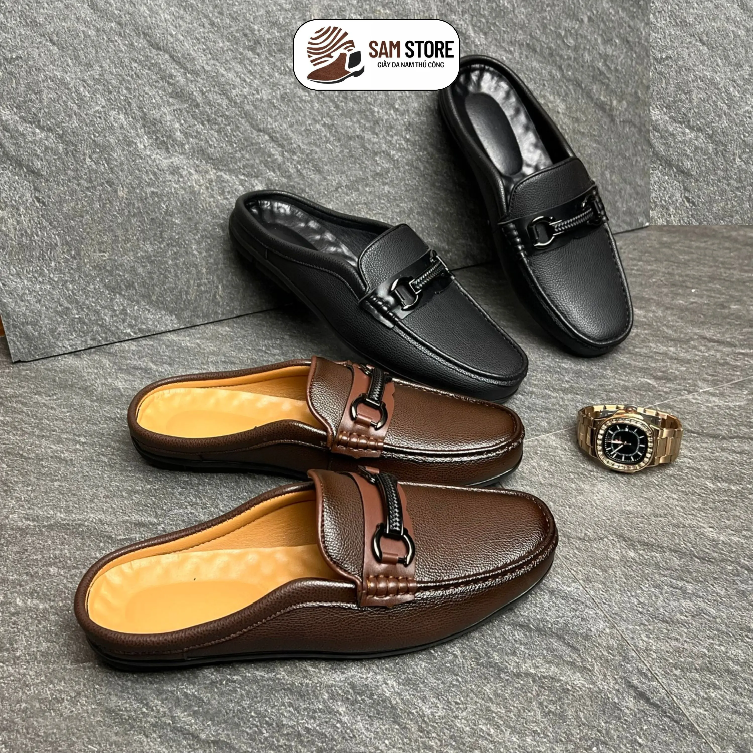 Giày Hở Gót - Giày Sục Da Nam Cao Cấp - Đế Cao Su Khâu Chỉ Âm Chắc Chắn - SAM STORE 3S