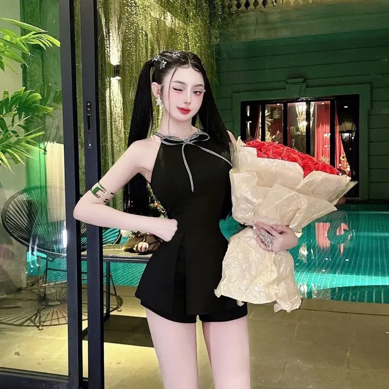 Set áo peplum cổ yếm nơ xẻ tà mix quần short cotton 4