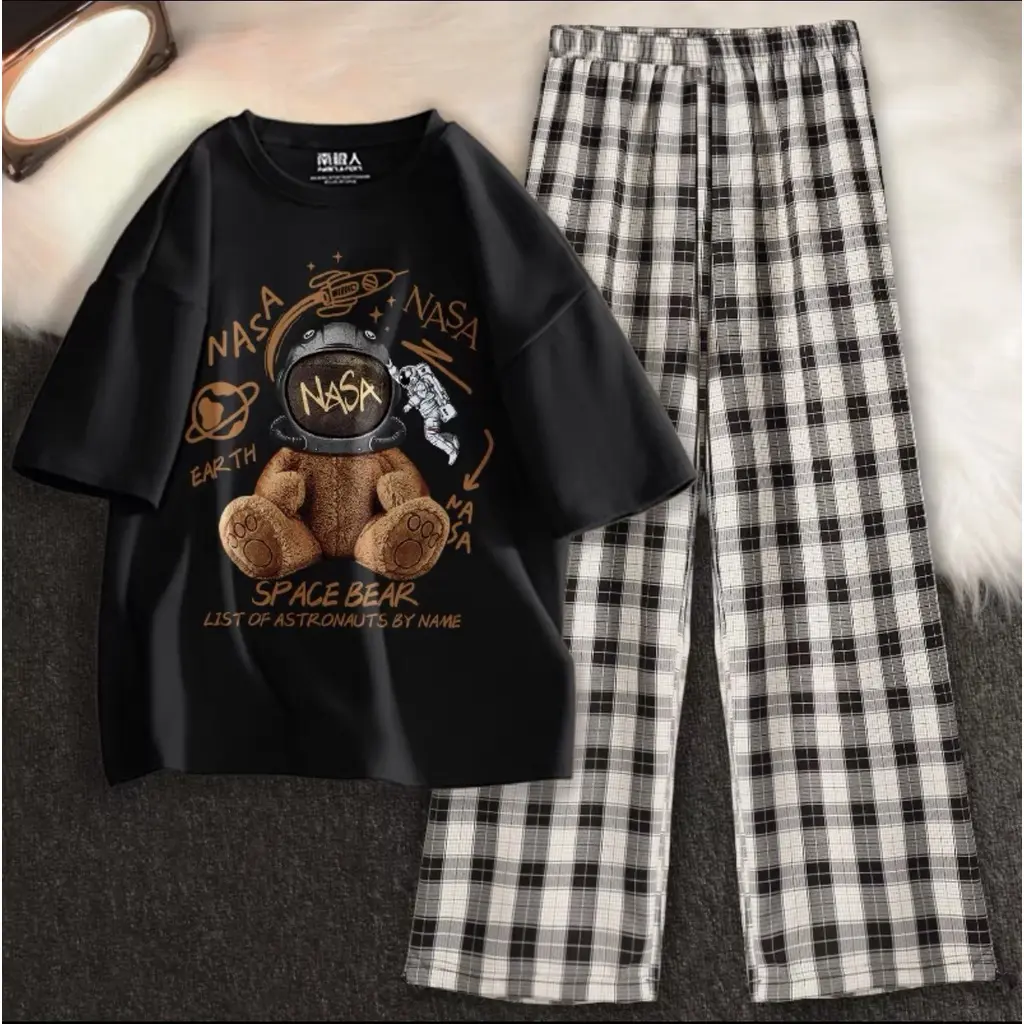 [gửi hàng miễn phí]Sét Áo phông Gấu Na.Sa+ quần kẻ Karo nhiều màu, Áo thun from rộng, mặc cho Nam và nữ chất đẹp, Sét bộ mặc ở nhà -CHILL RELLY