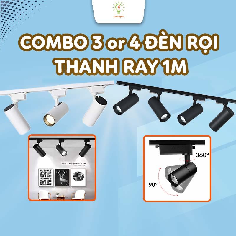 Combo 3 - 4 Đèn Rọi Ray Kèm Thanh Ray 1m, Đèn Rọi Ống Bơ Trang Trí Cửa Hàng 3 Màu Ánh Sáng