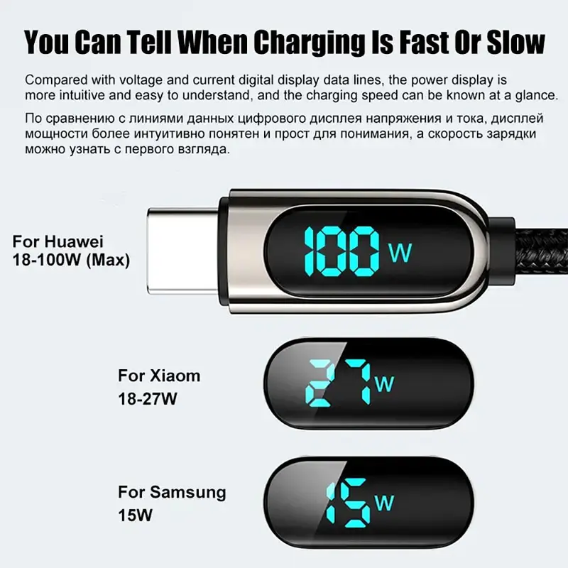 100W Fast Charging Data Cable, PD Type C To C LED Cable Fast Charging Cable With LED Digital Display For Huawei Xiaomi Redmi Laptop 4