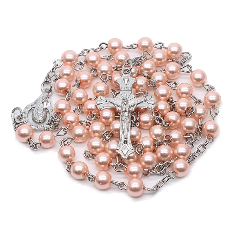 【Ready Stock】 Rosary Beads Catholic Necklace for Women Crucifix Cross-Charm Long Chain Christian Amulet Necklace Religious Jewelry