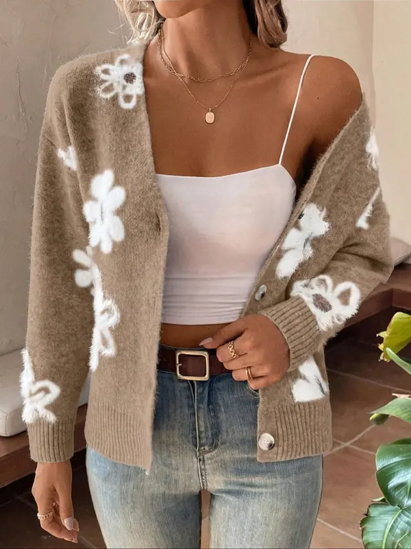 【Plus Size】 Floral Pattern Button Front Longsleeves Cardigan, Elegant Chic Casual Drop Shoulder V Neck Knitwear for Fall & Winter, Women's Plus Clothing for Daily Wear, Knitting Ladies Winter Coat, Womenswear 8