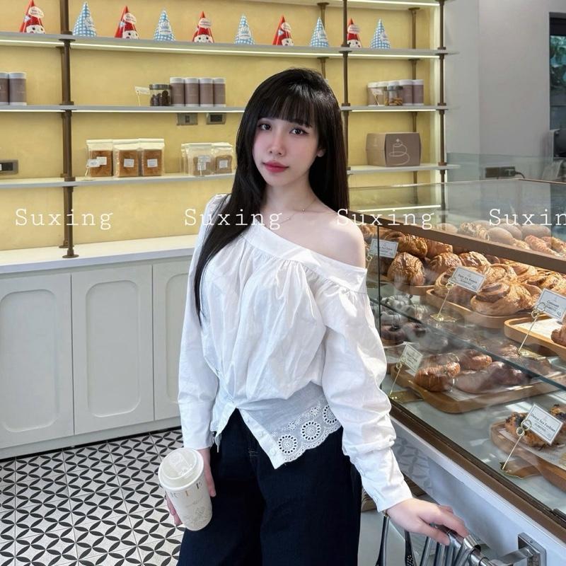Áo Sơ Mi Lệch Vai Phối Ren Ôm Eo Chất Thô Boi_AH30