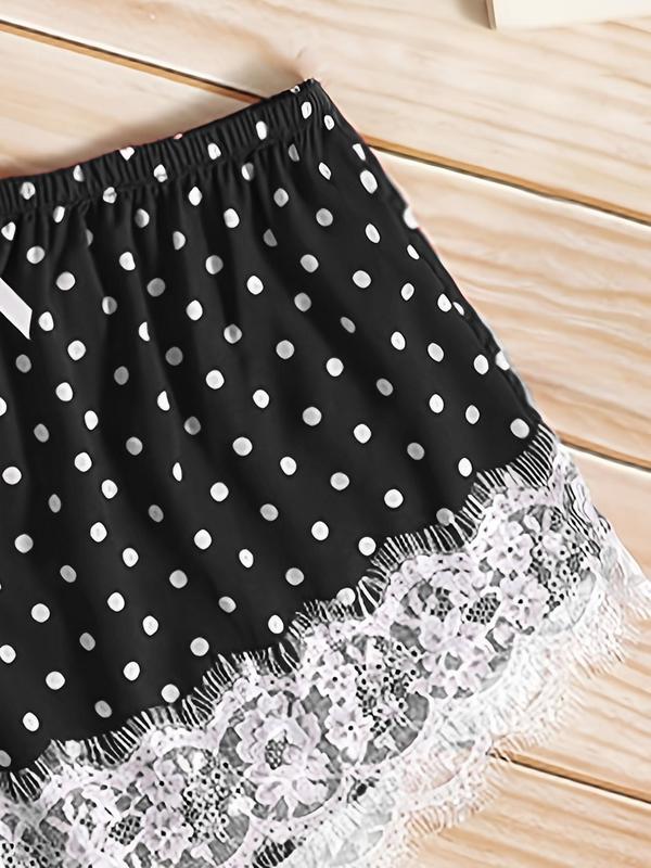 Plus Size Two-piece Set Polka Dot Print Contrast Lace Pyjama Set, Fashion Ruched Tube Top & Bow Front Shorts, Women's Two-piece Sleepwear Set for Summer 2