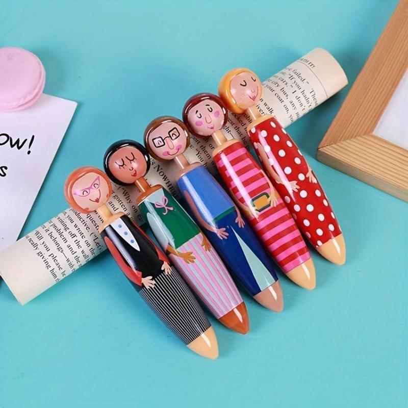 Bút Bi Nhựa, 5 Cái / túi, Thiết Kế Hoạt Hình, Thích Hợp Cho Đồ Dùng Trường Học Và Văn Phòng, Bút Trung Tính, Quà Tặng Văn Phòng Phẩm, Bút Búp Bê, Hàng Mới Về 6
