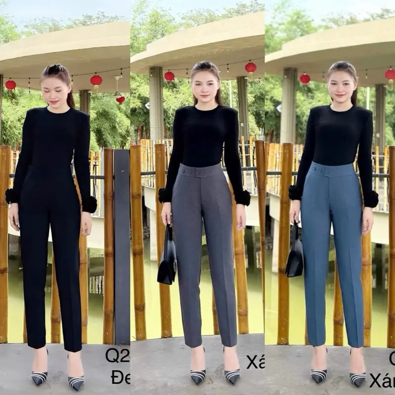 Quần tây nữ ống đứng 1 nút gài 2 nút kiểu ống 16cm chiều dài 97cm vải kaki Hàn mềm mại co giãn nhẹ