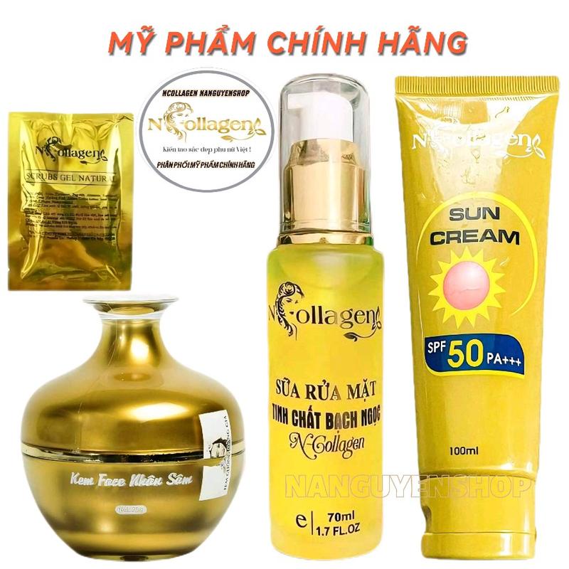 Bộ 3sp Ncollagen (tặng Séc ttb chết)Kem face nhân sâm vàng+ Kem chống nắng vàng+ Sữa rửa mặt tinh thể bạc bạch ngọc hỗ trợ chăm sóc da khô nám Son Serum Skincare