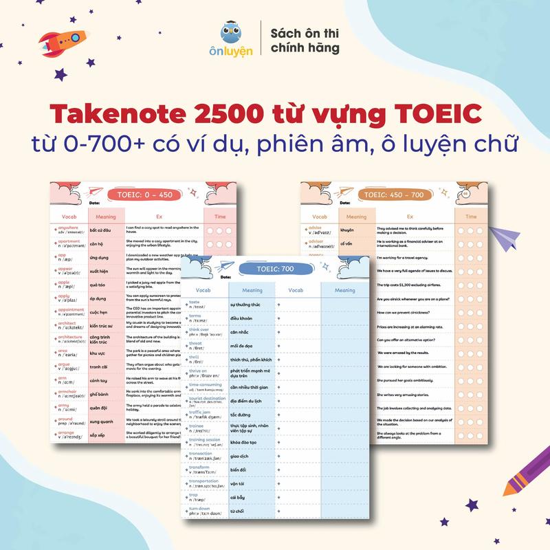 Takenote 2500 từ vựng TOEIC từ 0-700+, có ví dụ, phiên âm, ô luyện chữ - Nhà sách Ôn Luyện