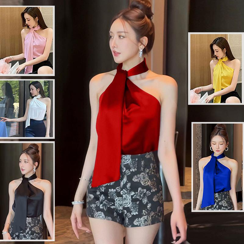 Áo Yếm Lụa Tô Châu Sát Nách Mùa Hè Mùa Thu Cổ Nơ 6 Màu Đỏ Xanh Trắng Đen Hồng Vàng Nữ Women Top yếm - Kem