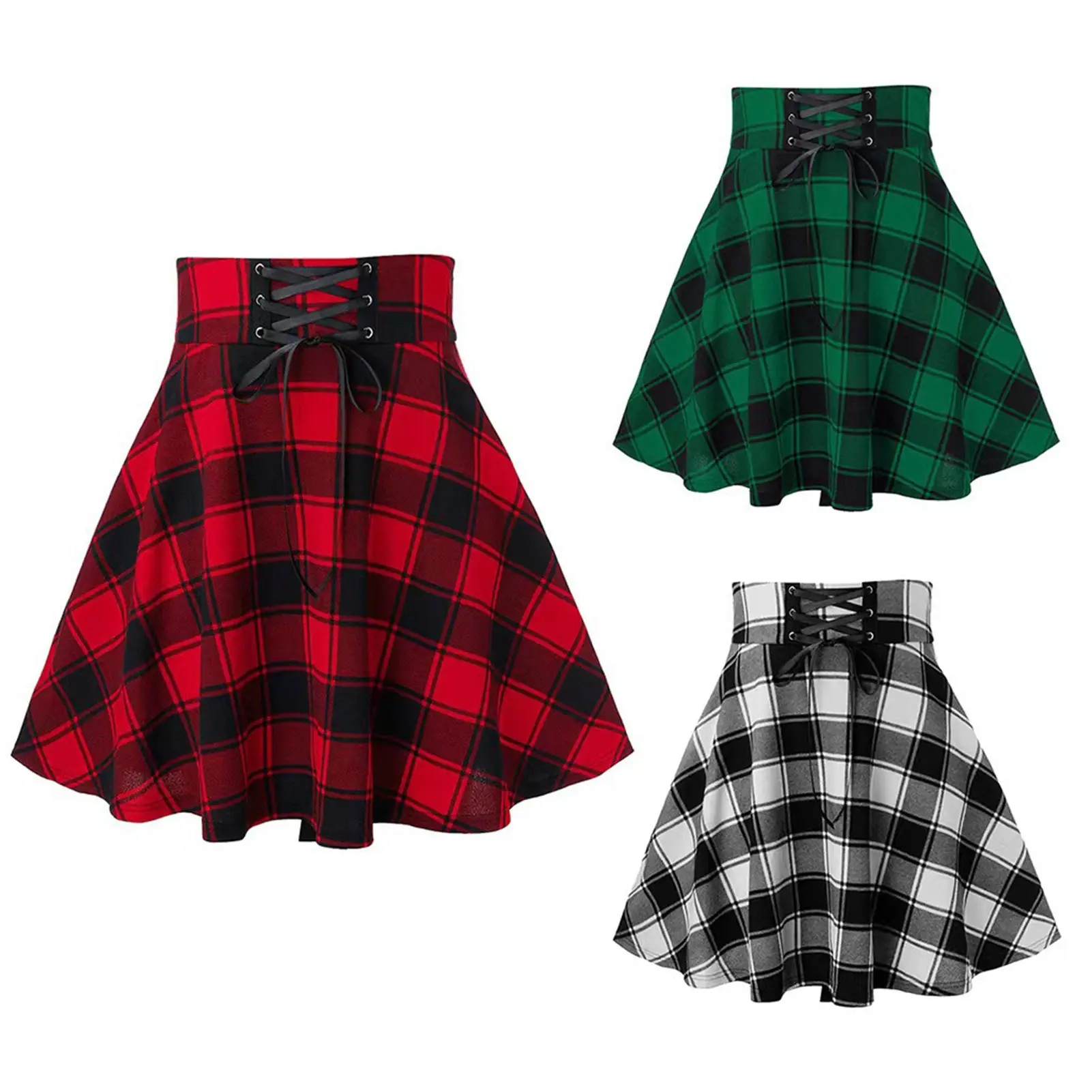mfttugetWomen Plaid Print Mini Skirt Elastic High Waist Skater Skirt A-Line Spring Autumn Girl Hip Hop Style Skirt Clubwear