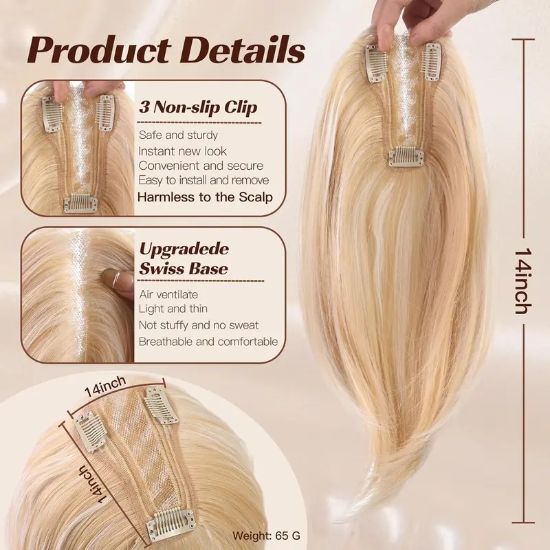 Local shipping- 14 Inch Light Blonde & Brown Hair Toppers for Women Human Hair Toppers Hair Pieces Swiss Base with 3 Clips in Wiglets Toppers for Women with Thinning Hair Grey Hair Loss 7