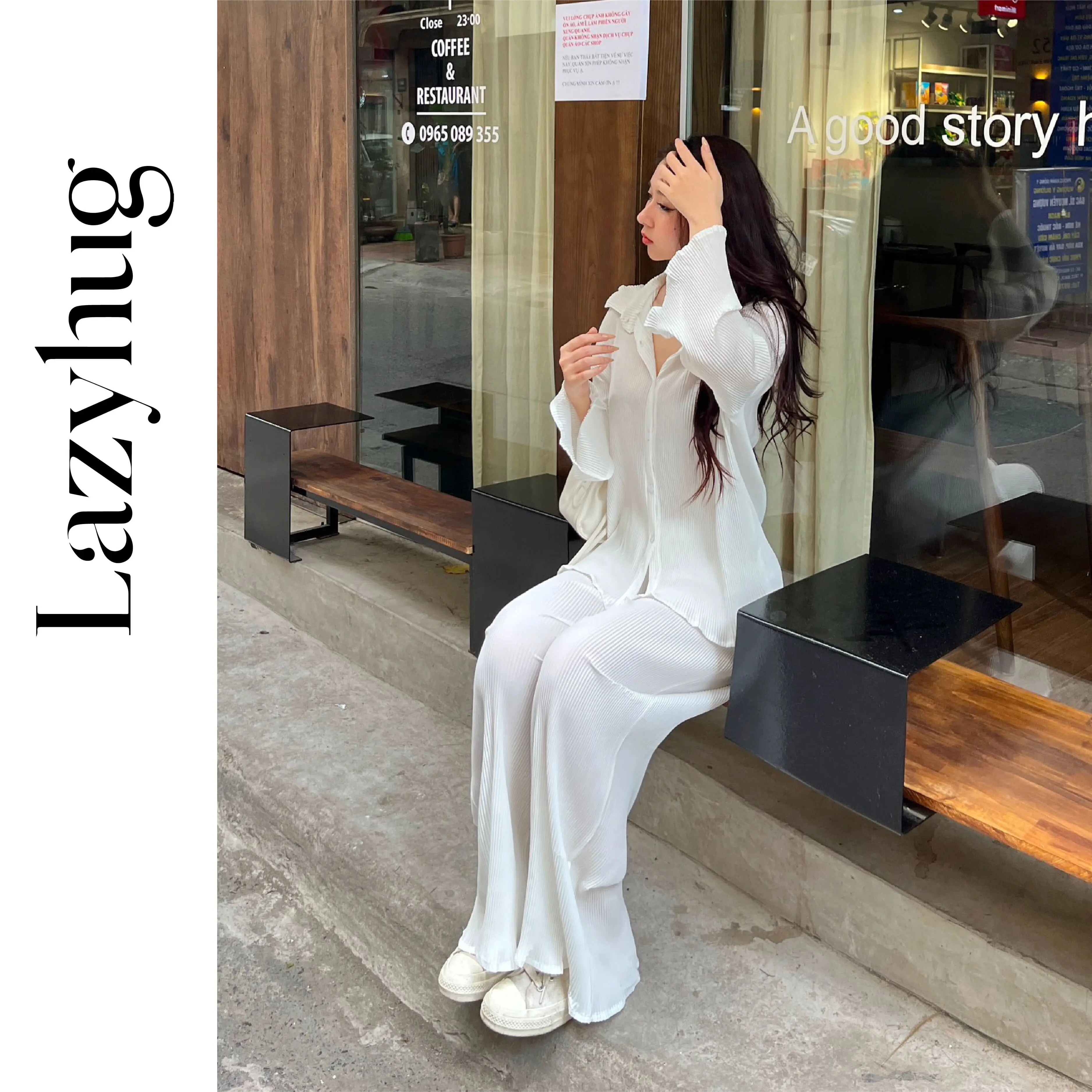 Lazyhug - Set đồ bộ dập ly trắng thiết kế Whitenoise Set