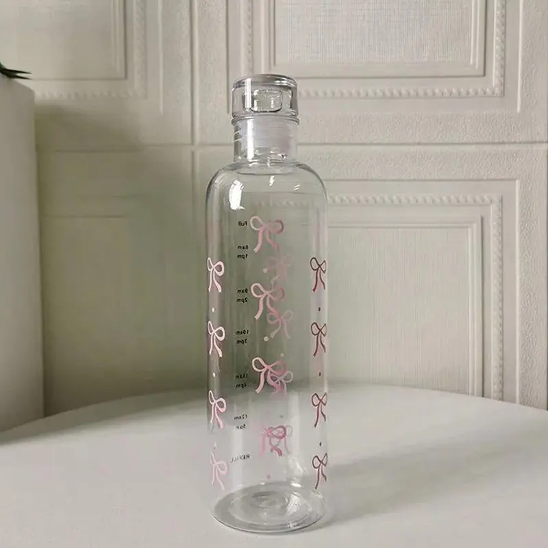 Bình Nước Nhựa, 500ML, Thiết Kế Hình Nơ Kawaii, Có Thang Đo Thời Gian, Trong Suốt, Thích Hợp Cho Các Môn Thể Thao Ngoài Trời Và Trường Học, Bình Nước Uống 6