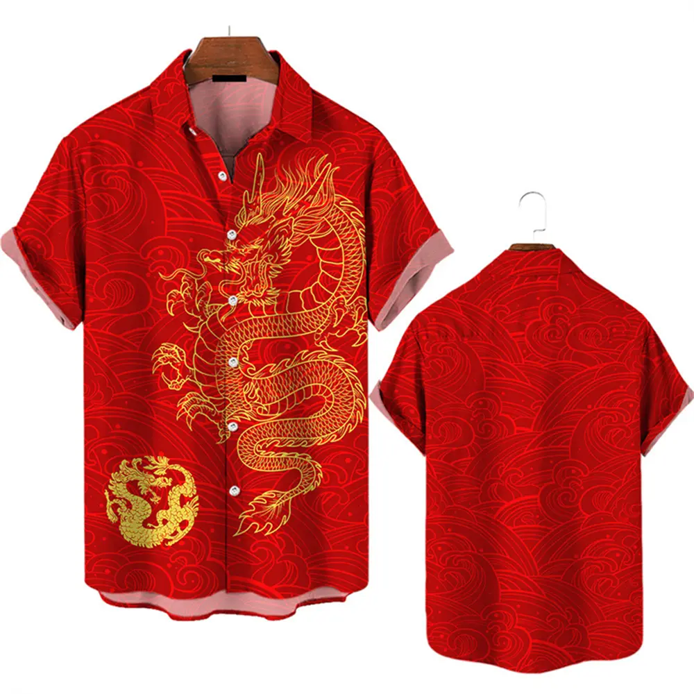 Chinese Dragon 3D Printed Shirts for Men Loose Oversized Blouse Street Harajuku Sportswear New Year Shirt Men's Clothing