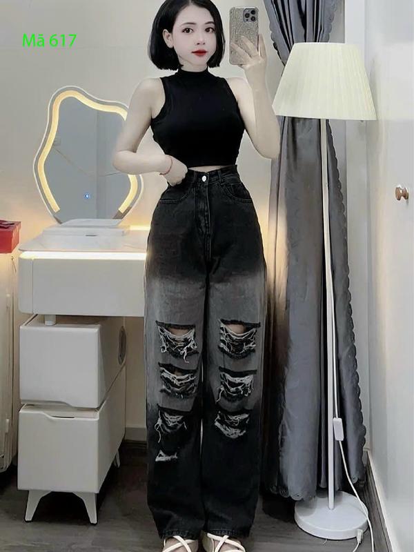 Quần baggy xuông loang rách nhiều, cạp cao trẻ trung màu siêu dẹp hách dáng nữ  jean women pants mã 617 quầnsuông miu đi làm đi học đen