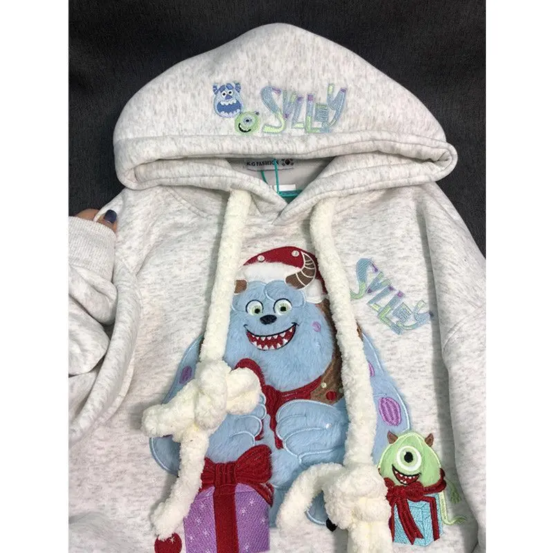 Áo Hoodie Thêu Hình Quái Vật Lông Màu Xanh Dễ Thương, Hàng Mới Về Thu Đông, Dáng Rộng Vừa Vặn, Đệm Nhung, Áo Khoác Dày, Thời Trang Ins, 2024