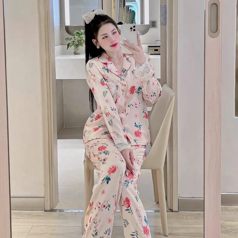 Đồ bộ pijama mặc nhà nữ  La tin phối ren Tay dài Áo Ngủ Nữ Áo Nhung 3