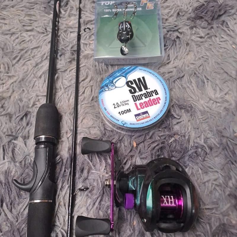 bộ combo cần câu lure sói đen kèm máy ngang ánh tím và phụ kiện