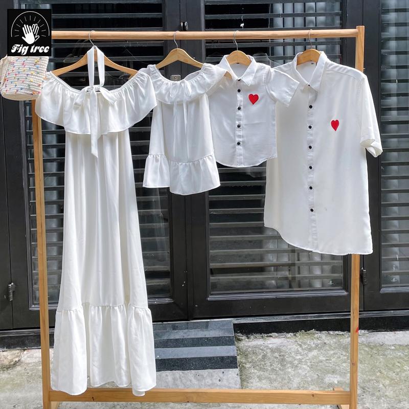 Sét Gia Đình Fig Tree( Sét giá 1 sp) - Aó Sơ Mi Và Đầm Nữ Kiểu  Maxi Trễ Vai Màu Trắng Tinh Khôi , Chất Đũi  Mềm Min, Mát Lên Dáng Siêu Đẹp Cho Gia Đình. 1