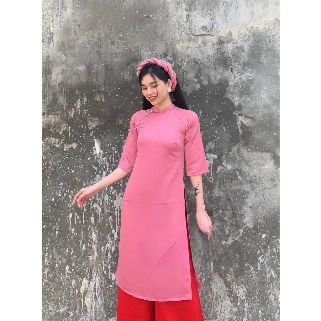 ￼Áo dài cách tân nữ dáng suông đính ngọc tiểu thư màu đỏ cam vàng xanh hồng trơn lụa tây thi cao cấp may sẵn