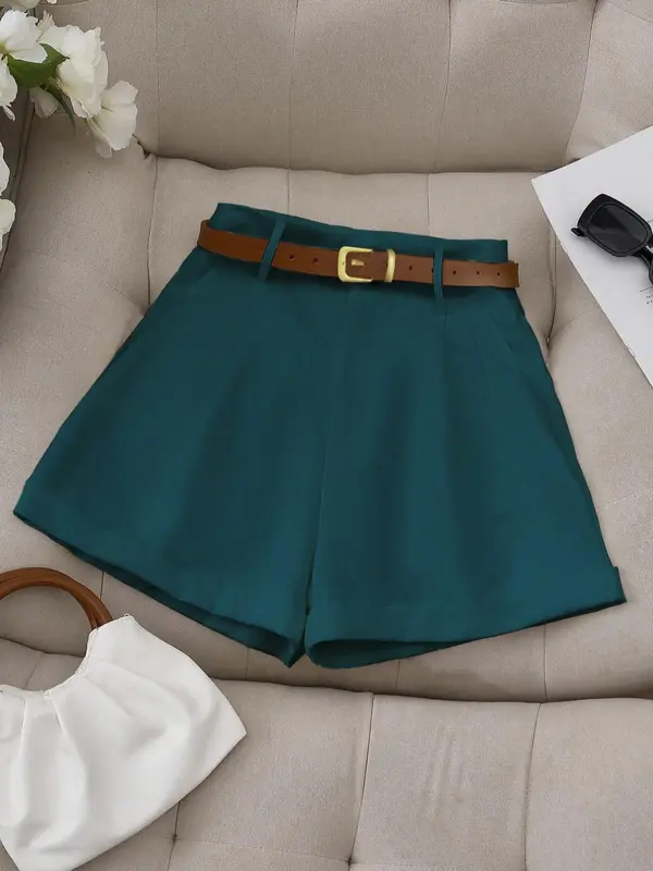 Women's Solid Color Belted A Line Shorts, Casual Fashion Fitted Shorts for Daily Wear, Ladies Bottoms for Summer, Womenswear, Chic Casual Shorts 1