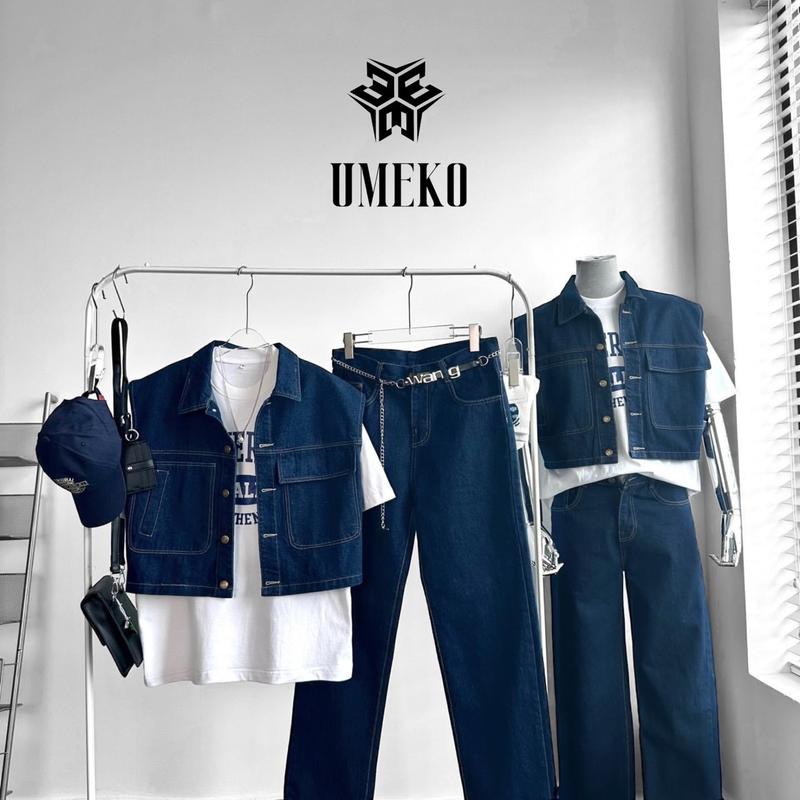 UMEKO Set Áo Khoác Gile Crop Và Quần Jean Dài Ống Rộng Màu Xanh Denim Basic Thời Trang Y2K Streetwear Cá Tính Năng Động
