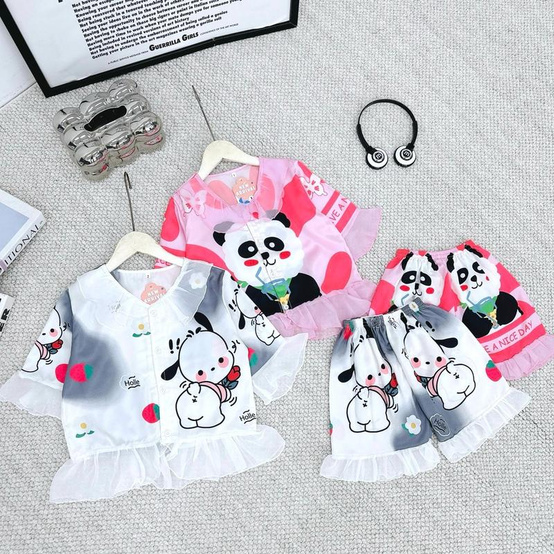 Set lụa viền bèo in 5D hình gấu hồng panda cho mẹ và bé siêu dễ thương mặc nhà hay đi chơi 1