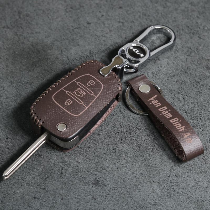 Bao da bọc ốp chìa khoá xe ô tô KIA Carens, KIA Morning chìa gập 2 3 nút bấm da bò thật Móc Khoá Móc Khóa