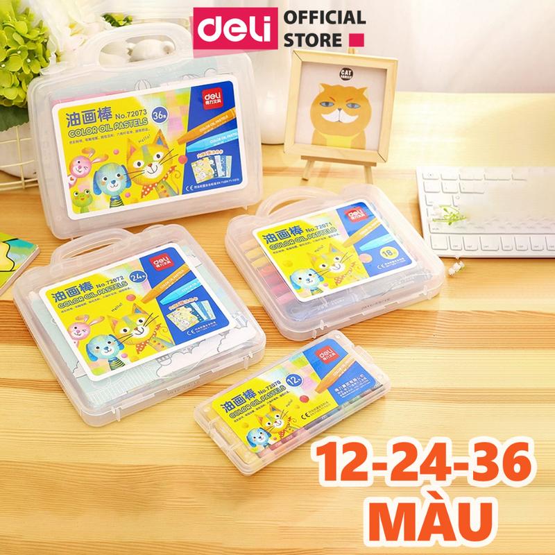 Bút Màu Sáp Dầu Deli - Bút Sáp Hộp Nhựa 12/24/36 Màu Tươi Sáng Mềm Mịn - Thân Bút Màu Hình Tam Giác Dễ Cầm Sử Dụng